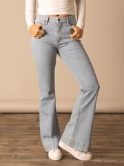Person wearing light blue striped jeans and a white top on a wooden floor with a beige wall background front view. If you need any assistance with this item or the purchase of this item please call us at five six one seven four eight eight eight zero one Monday through Saturday 10:00a.m EST to 8:00 p.m EST