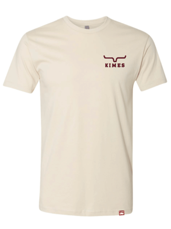 Kimes Ranch HEAVY TEXT Mens Short Sleeve Graphic T-Shirt Natural front view. If you need any assistance with this item or the purchase of this item please call us at five six one seven four eight eight eight zero one Monday through Saturday 10:00a.m EST to 8:00 p.m EST