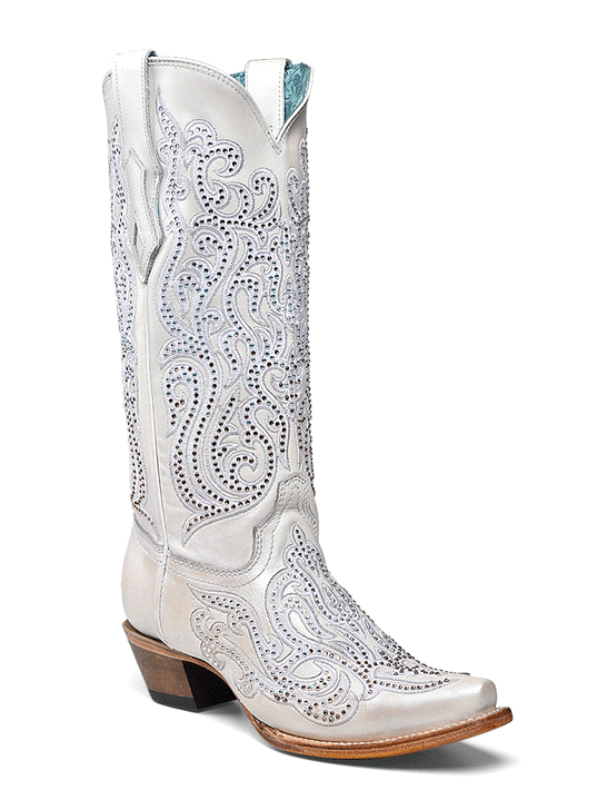 Corral C4103 Ladies Embroidery And Crystals Overlay Boot White front and side view. If you need any assistance with this item or the purchase of this item please call us at five six one seven four eight eight eight zero one Monday through Saturday 10:00a.m EST to 8:00 p.m EST