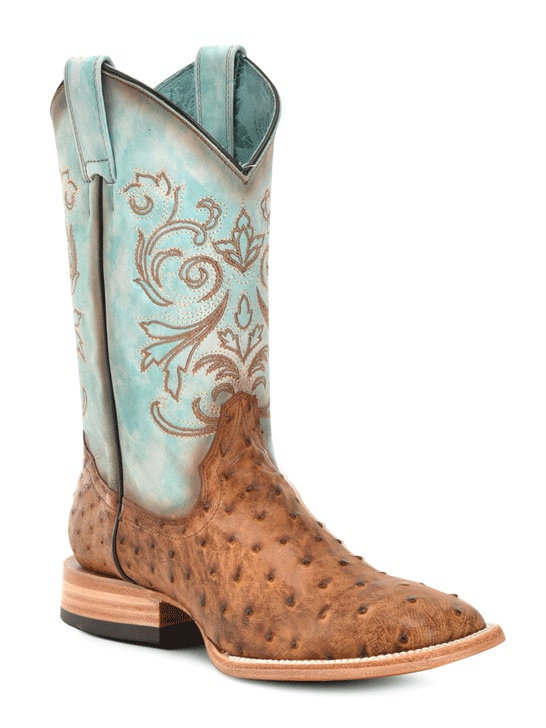 Corral B5006 Ladies Ostrich Embroidery Square Toe Western Boot Tan front and side view. If you need any assistance with this item or the purchase of this item please call us at five six one seven four eight eight eight zero one Monday through Saturday 10:00a.m EST to 8:00 p.m EST