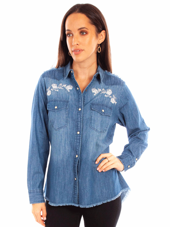 Scully HC838-DEN Womens Embroidered Denim Blouse Blue front view. If you need any assistance with this item or the purchase of this item please call us at five six one seven four eight eight eight zero one Monday through Saturday 10:00a.m EST to 8:00 p.m EST