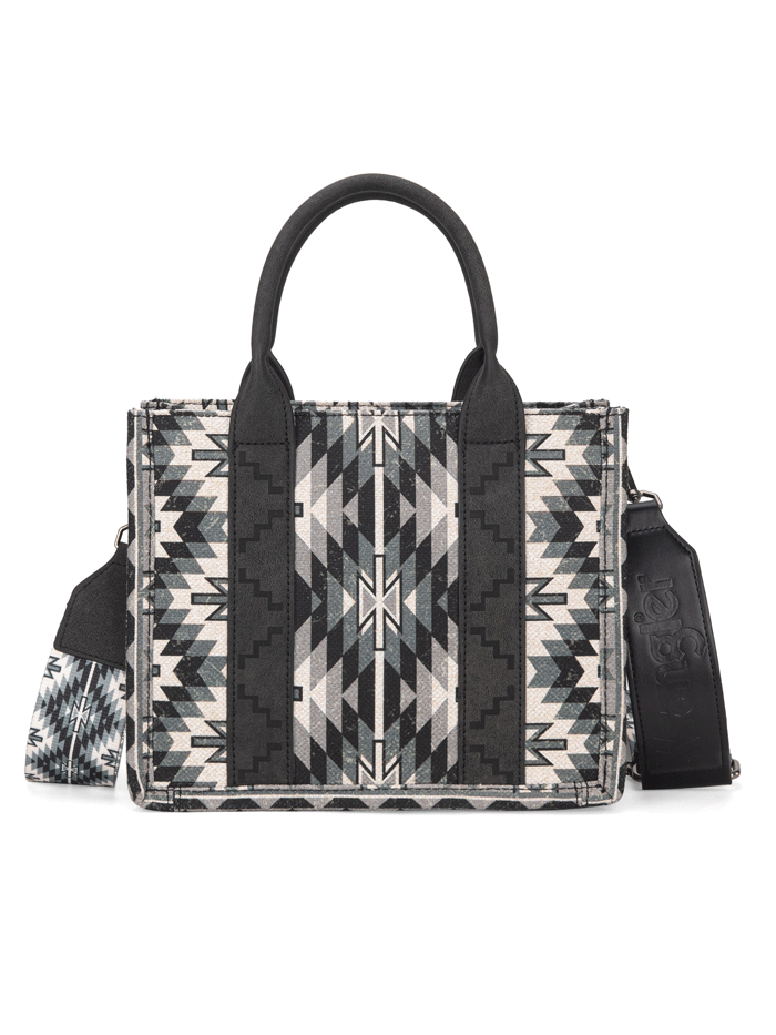 Wrangler WG2213-8120SBK Womens Southwestern Pattern Dual Sided Print Tote Crossbody Bag Black front and side view. If you need any assistance with this item or the purchase of this item please call us at five six one seven four eight eight eight zero one Monday through Saturday 10:00a.m EST to 8:00 p.m EST

