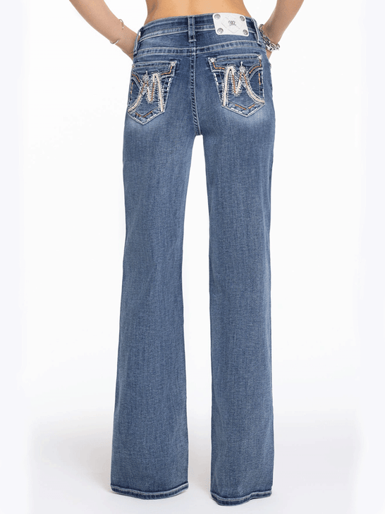 Miss Me H9478W2L Womens Maya Logo Wide Leg High Rise Jeans Medium Wash back view.If you need any assistance with this item or the purchase of this item please call us at five six one seven four eight eight eight zero one Monday through Saturday 10:00a.m EST to 8:00 p.m EST