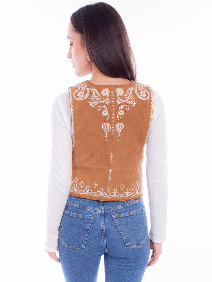 Scully L1113 Womens Embroidered Leather Vest Vin Rust Tan front view. If you need any assistance with this item or the purchase of this item please call us at five six one seven four eight eight eight zero one Monday through Saturday 10:00a.m EST to 8:00 p.m EST