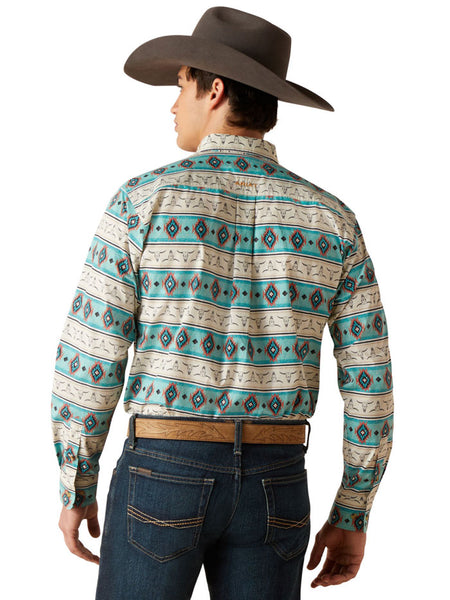 Ariat 10047347 Mens Team Cruz Fitted Shirt Sandshell Teal back view. If you need any assistance with this item or the purchase of this item please call us at five six one seven four eight eight eight zero one Monday through Saturday 10:00a.m EST to 8:00 p.m EST