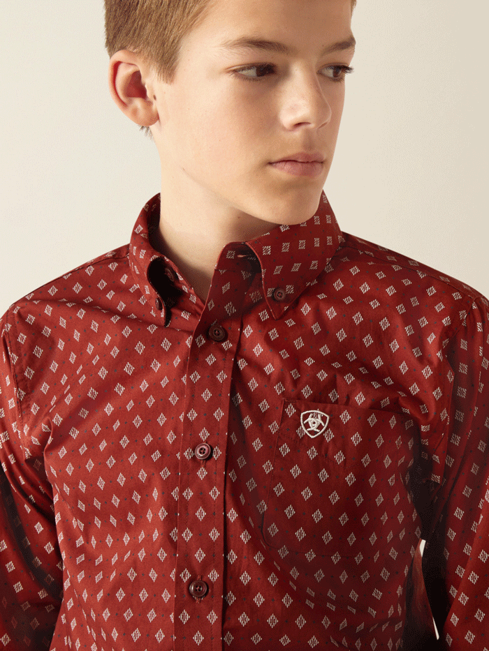 Ariat 10054071 Kids Pax Classic Fit Shirt Burgundy front view. If you need any assistance with this item or the purchase of this item please call us at five six one seven four eight eight eight zero one Monday through Saturday 10:00a.m EST to 8:00 p.m EST