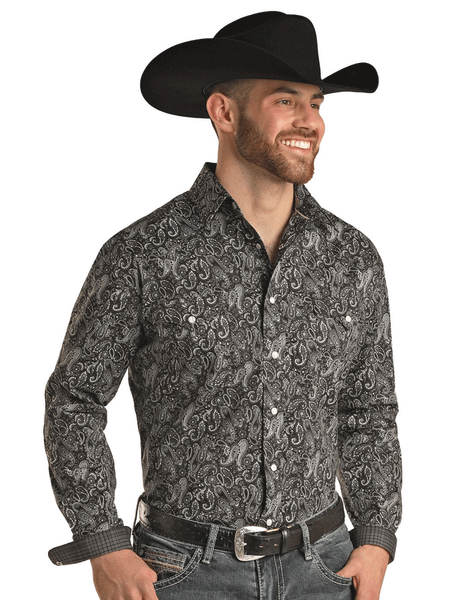 Panhandle RMN2S02829 Mens Paisley Print Snap Western Shirt Charcoal front view. If you need any assistance with this item or the purchase of this item please call us at five six one seven four eight eight eight zero one Monday through Saturday 10:00a.m EST to 8:00 p.m EST