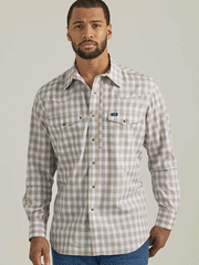 Wrangler 112333324 Mens Performance Long Sleeve Snap Shirt Tan front view. If you need any assistance with this item or the purchase of this item please call us at five six one seven four eight eight eight zero one Monday through Saturday 10:00a.m EST to 8:00 p.m EST