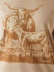 Ariat 10058715 Womens Longhorn T-Shirt Oatmeal Heather close up. If you need any assistance with this item or the purchase of this item please call us at five six one seven four eight eight eight zero one Monday through Saturday 10:00a.m EST to 8:00 p.m EST