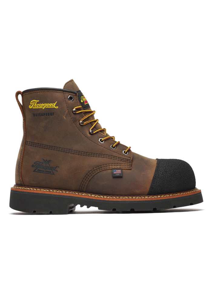 Thorogood 804-4137 Mens Hammerhead Waterproof Nano Toe Work Boot Crazy Horse Brown front and side view. If you need any assistance with this item or the purchase of this item please call us at five six one seven four eight eight eight zero one Monday through Saturday 10:00a.m EST to 8:00 p.m EST
