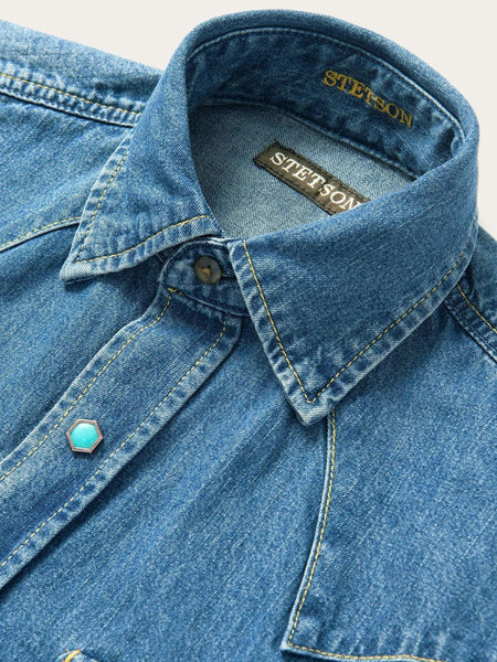Stetson 11-001-0465-0031 Mens Turquoise Snap Western Shirt Denimneck close up. If you need any assistance with this item or the purchase of this item please call us at five six one seven four eight eight eight zero one Monday through Saturday 10:00a.m EST to 8:00 p.m EST
