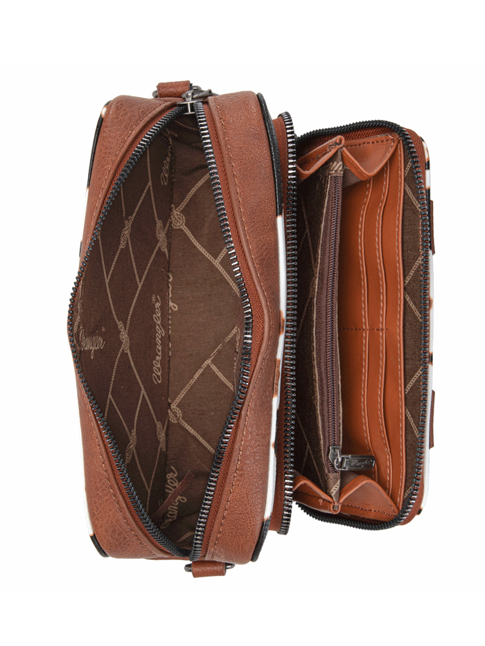 Wrangler WG133-3003BR Womens Cow Print Crossbody Purse With Wallet Compartment Brown front. If you need any assistance with this item or the purchase of this item please call us at five six one seven four eight eight eight zero one Monday through Saturday 10:00a.m EST to 8:00 p.m EST

