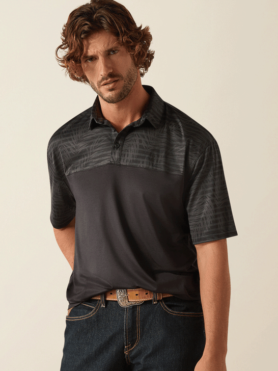 Ariat 10055071 Mens Charger 2.0 Color Block Polo Black front view. If you need any assistance with this item or the purchase of this item please call us at five six one seven four eight eight eight zero one Monday through Saturday 10:00a.m EST to 8:00 p.m EST