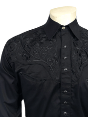 Rockmount 6859-BLK Mens Vintage Tooling Embroidered Western Shirt Black front close up. If you need any assistance with this item or the purchase of this item please call us at five six one seven four eight eight eight zero one Monday through Saturday 10:00a.m EST to 8:00 p.m EST

