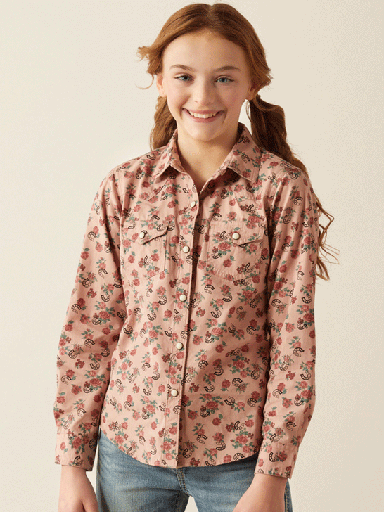 Ariat 10053889 Kids Flowers n Horseshoes Print Shirt front. If you need any assistance with this item or the purchase of this item please call us at five six one seven four eight eight eight zero one Monday through Saturday 10:00a.m EST to 8:00 p.m EST

