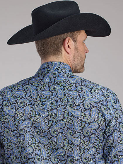 Roper 03-001-0225-1010 Mens Amarillo Collection All Over Print Snap Shirt Blue front view. If you need any assistance with this item or the purchase of this item please call us at five six one seven four eight eight eight zero one Monday through Saturday 10:00a.m EST to 8:00 p.m EST