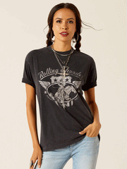 Ariat 10051274 Womens Rolling Thunder T-Shirt Black Acid Wash front view. If you need any assistance with this item or the purchase of this item please call us at five six one seven four eight eight eight zero one Monday through Saturday 10:00a.m EST to 8:00 p.m EST