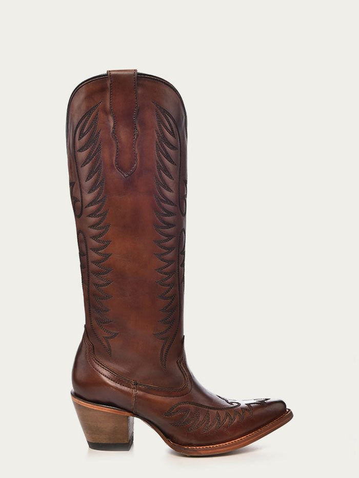 Corral E1570 Ladies Embroidery Cowboy Boot Cognac side / front view. If you need any assistance with this item or the purchase of this item please call us at five six one seven four eight eight eight zero one Monday through Saturday 10:00a.m EST to 8:00 p.m EST