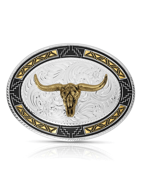 Montana Silversmiths 50310-974XL Southwest Edge Buckle With Longhorn Silver front. If you need any assistance with this item or the purchase of this item please call us at five six one seven four eight eight eight zero one Monday through Saturday 10:00a.m EST to 8:00 p.m EST