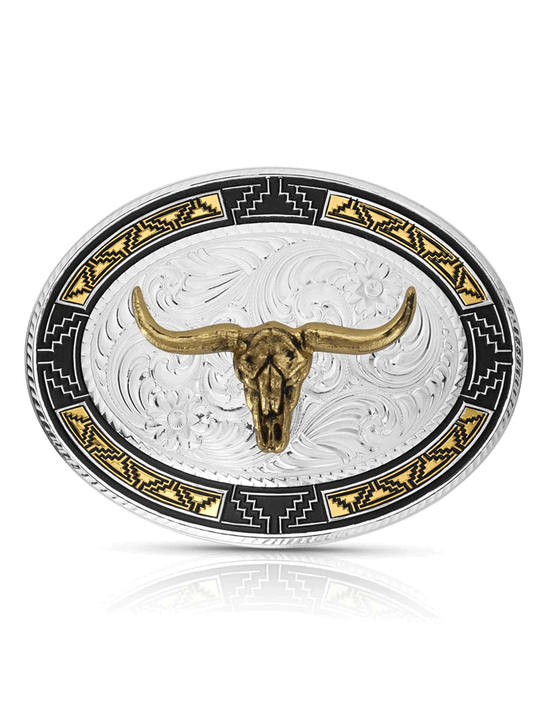 Montana Silversmiths 50310-974XL Southwest Edge Buckle With Longhorn Silver front. If you need any assistance with this item or the purchase of this item please call us at five six one seven four eight eight eight zero one Monday through Saturday 10:00a.m EST to 8:00 p.m EST