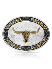 Montana Silversmiths 50310-974XL Southwest Edge Buckle With Longhorn Silver front. If you need any assistance with this item or the purchase of this item please call us at five six one seven four eight eight eight zero one Monday through Saturday 10:00a.m EST to 8:00 p.m EST