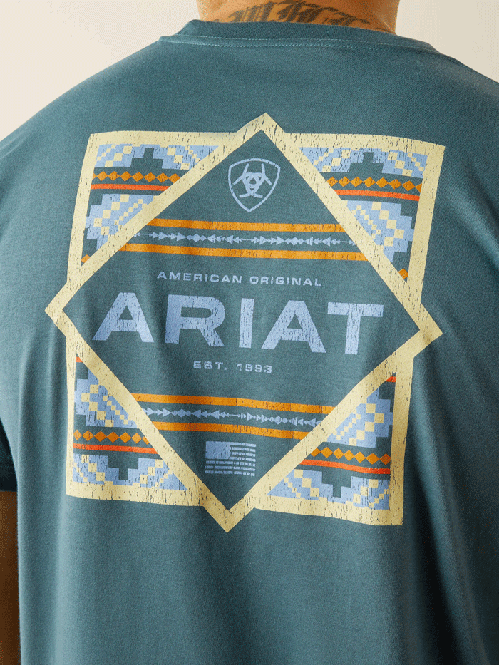 Ariat 10058897 Mens Puebla Serape T-Shirt Lagoon Green back view. If you need any assistance with this item or the purchase of this item please call us at five six one seven four eight eight eight zero one Monday through Saturday 10:00a.m EST to 8:00 p.m EST
