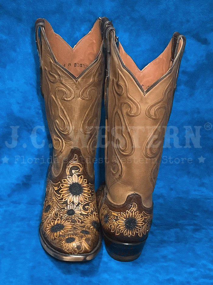 Black Jack LHT-1812-V4 Womens Handtooled Sunflowers Boot Chocolate Antique Tan front-side view. If you need any assistance with this item or the purchase of this item please call us at five six one seven four eight eight eight zero one Monday through Saturday 10:00a.m EST to 8:00 p.m EST