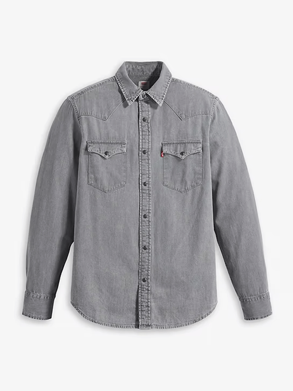 Levis 857450111 Mens Classic Western Standard Shirt Norman Grey Wash front view open on model. If you need any assistance with this item or the purchase of this item please call us at five six one seven four eight eight eight zero one Monday through Saturday 10:00a.m EST to 8:00 p.m EST