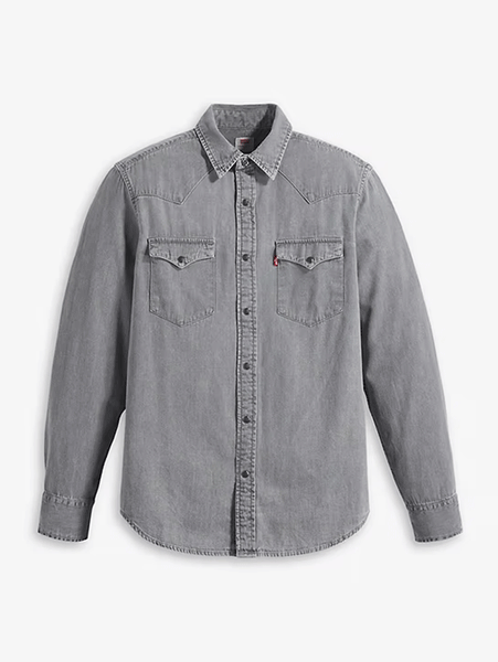 Levis 857450111 Mens Classic Western Standard Shirt Norman Grey Wash front view closed. If you need any assistance with this item or the purchase of this item please call us at five six one seven four eight eight eight zero one Monday through Saturday 10:00a.m EST to 8:00 p.m EST