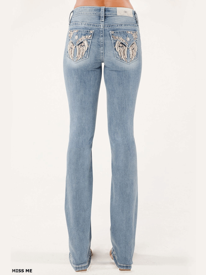 Miss Me M5082B192L Womens Mid Rise Bootcut Jeans Light Wash back close up. If you need any assistance with this item or the purchase of this item please call us at five six one seven four eight eight eight zero one Monday through Saturday 10:00a.m EST to 8:00 p.m EST

