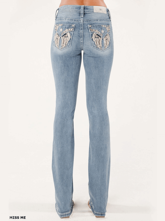 Miss Me M5082B192L Womens Mid Rise Bootcut Jeans Light Wash back view. If you need any assistance with this item or the purchase of this item please call us at five six one seven four eight eight eight zero one Monday through Saturday 10:00a.m EST to 8:00 p.m EST

