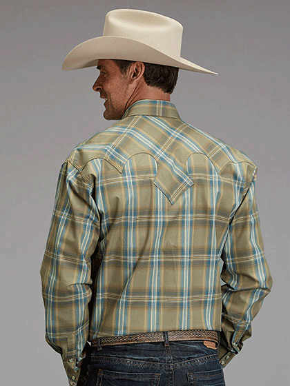 Stetson 11-001-0478-2041 Mens Ridge Plaid Long Sleeve Western Shirt Dark Khaki front view. If you need any assistance with this item or the purchase of this item please call us at five six one seven four eight eight eight zero one Monday through Saturday 10:00a.m EST to 8:00 p.m EST