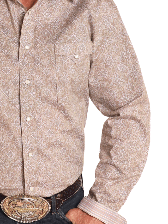 Panhandle RMN2S04593 Mens Rough Stock Medallion Paisley Long Sleeve Shirt Tan front view. If you need any assistance with this item or the purchase of this item please call us at five six one seven four eight eight eight zero one Monday through Saturday 10:00a.m EST to 8:00 p.m EST