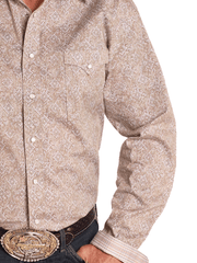 Panhandle RMN2S04593 Mens Rough Stock Medallion Paisley Long Sleeve Shirt Tan front close up view. If you need any assistance with this item or the purchase of this item please call us at five six one seven four eight eight eight zero one Monday through Saturday 10:00a.m EST to 8:00 p.m EST