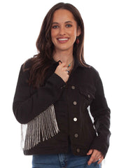 Scully HC792-BLK Womens Rhinestone Fringe Denim Western Jacket Black front view. If you need any assistance with this item or the purchase of this item please call us at five six one seven four eight eight eight zero one Monday through Saturday 10:00a.m EST to 8:00 p.m EST