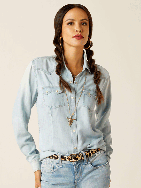 Ariat 10051493 Womens Blues Shirt Bleached Chambray front view. If you need any assistance with this item or the purchase of this item please call us at five six one seven four eight eight eight zero one Monday through Saturday 10:00a.m EST to 8:00 p.m EST