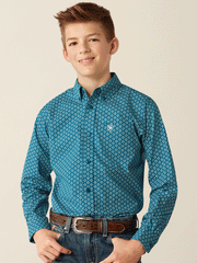 Ariat 10054073 Kids Petey Classic Fit Shirt Dark Teal front view. If you need any assistance with this item or the purchase of this item please call us at five six one seven four eight eight eight zero one Monday through Saturday 10:00a.m EST to 8:00 p.m EST