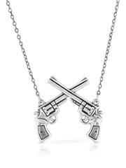 Montana Silversmiths NC5879 Womens Crossed Pistols Pendant Necklace Silver front view. If you need any assistance with this item or the purchase of this item please call us at five six one seven four eight eight eight zero one Monday through Saturday 10:00a.m EST to 8:00 p.m EST