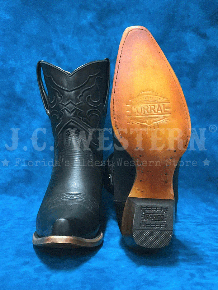 Corral Z5111 Ladies Embroidery Ankle Western Boot Black front and side view. If you need any assistance with this item or the purchase of this item please call us at five six one seven four eight eight eight zero one Monday through Saturday 10:00a.m EST to 8:00 p.m EST