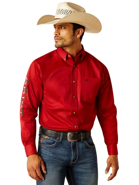 Ariat 10048809 Mens Team Logo Twill Classic Fit Shirt Red front view. If you need any assistance with this item or the purchase of this item please call us at five six one seven four eight eight eight zero one Monday through Saturday 10:00a.m EST to 8:00 p.m EST