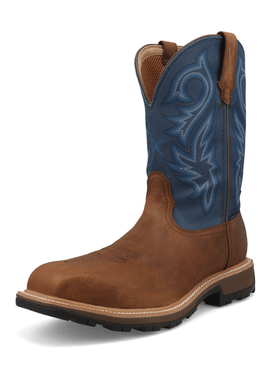 Brown and blue cowboy boot on a white background front and side view. If you need any assistance with this item or the purchase of this item please call us at five six one seven four eight eight eight zero one Monday through Saturday 10:00a.m EST to 8:00 p.m EST