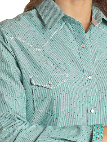 Panhandle RSWSOSR19C Womens Snap Shirt Turquoise close up. If you need any assistance with this item or the purchase of this item please call us at five six one seven four eight eight eight zero one Monday through Saturday 10:00a.m EST to 8:00 p.m EST