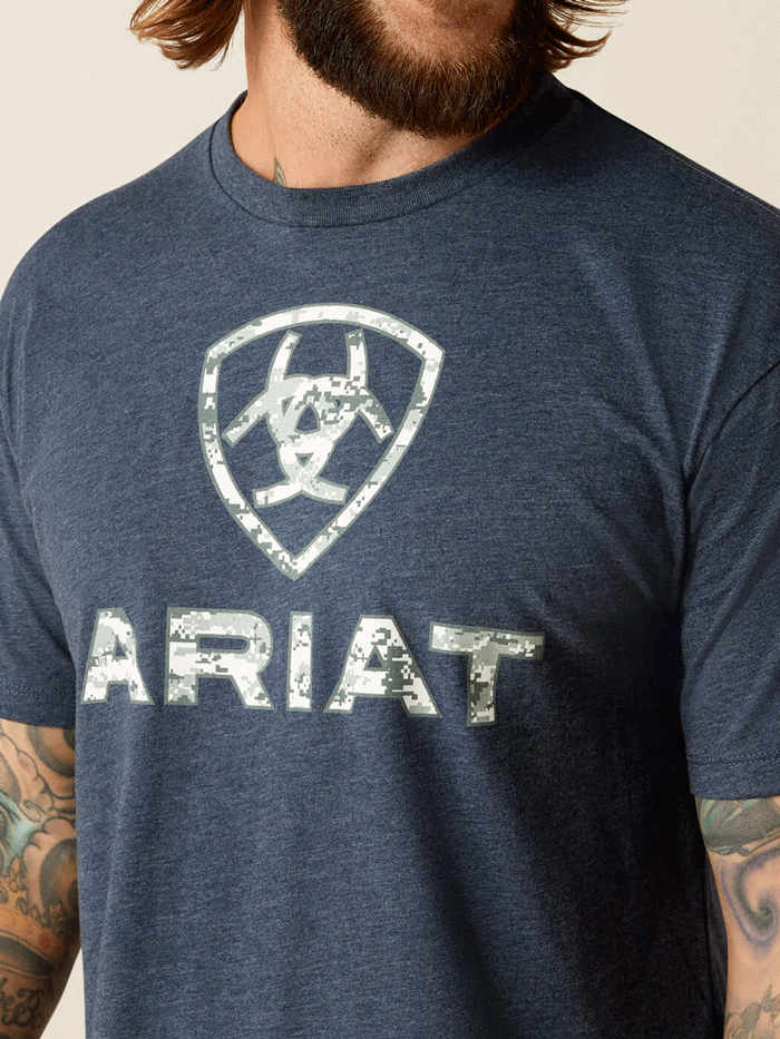 Ariat 10054179 Mens Liberty USA Digi Camo T-Shirt Navy Heather front view. If you need any assistance with this item or the purchase of this item please call us at five six one seven four eight eight eight zero one Monday through Saturday 10:00a.m EST to 8:00 p.m EST

