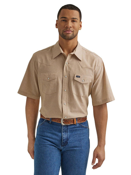 Wrangler 112344542 Mens Western Short Sleeve Work Shirt Khaki front view. If you need any assistance with this item or the purchase of this item please call us at five six one seven four eight eight eight zero one Monday through Saturday 10:00a.m EST to 8:00 p.m EST 