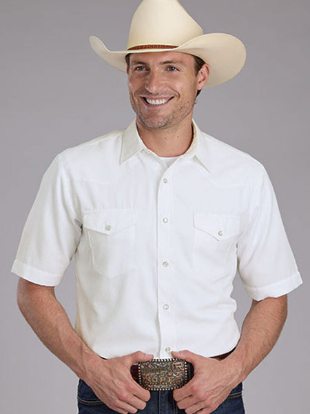 Roper 01-002-0145-0371 Mens Short Sleeve Solid Tone On Tone Western Shirt White front view. If you need any assistance with this item or the purchase of this item please call us at five six one seven four eight eight eight zero one Monday through Saturday 10:00a.m EST to 8:00 p.m EST