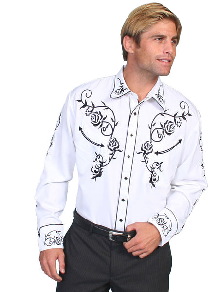 Scully P-706-WHT Mens Floral Embroidery Western Shirt White front view. If you need any assistance with this item or the purchase of this item please call us at five six one seven four eight eight eight zero one Monday through Saturday 10:00a.m EST to 8:00 p.m EST