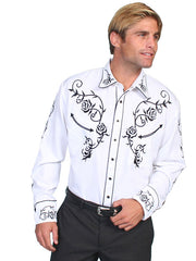 Scully P-706-WHT Mens Floral Embroidery Western Shirt White front view. If you need any assistance with this item or the purchase of this item please call us at five six one seven four eight eight eight zero one Monday through Saturday 10:00a.m EST to 8:00 p.m EST