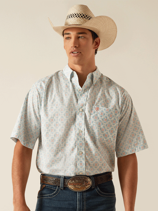 Ariat 10048405 Mens Kai Classic Fit Short Sleeve Shirt Aqua front view. If you need any assistance with this item or the purchase of this item please call us at five six one seven four eight eight eight zero one Monday through Saturday 10:00a.m EST to 8:00 p.m EST