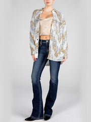 Miss Me MJ0538L Womens Long Mixed Sequined Fringe Button Up Jacket Silver Grey front view. If you need any assistance with this item or the purchase of this item please call us at five six one seven four eight eight eight zero one Monday through Saturday 10:00a.m EST to 8:00 p.m EST