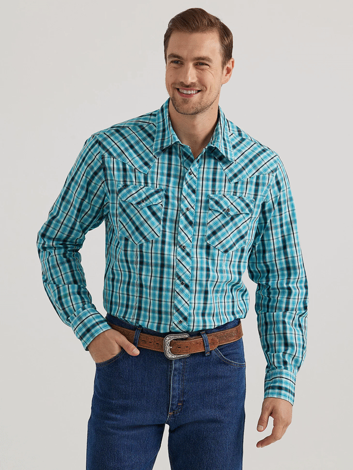 Wrangler 112330775 Mens Long Sleeve Modern Fit Shirt Enamel Blue front view. If you need any assistance with this item or the purchase of this item please call us at five six one seven four eight eight eight zero one Monday through Saturday 10:00a.m EST to 8:00 p.m EST